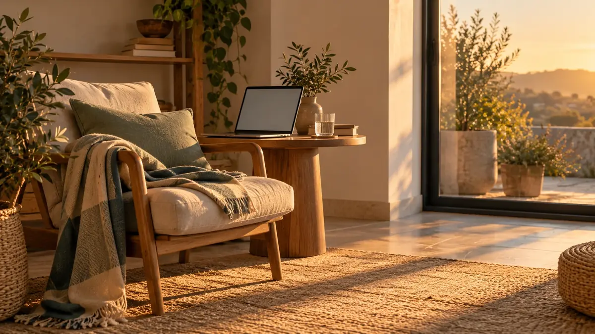Un rincón tranquilo con un sillón, una manta, una laptop abierta y un vaso de agua