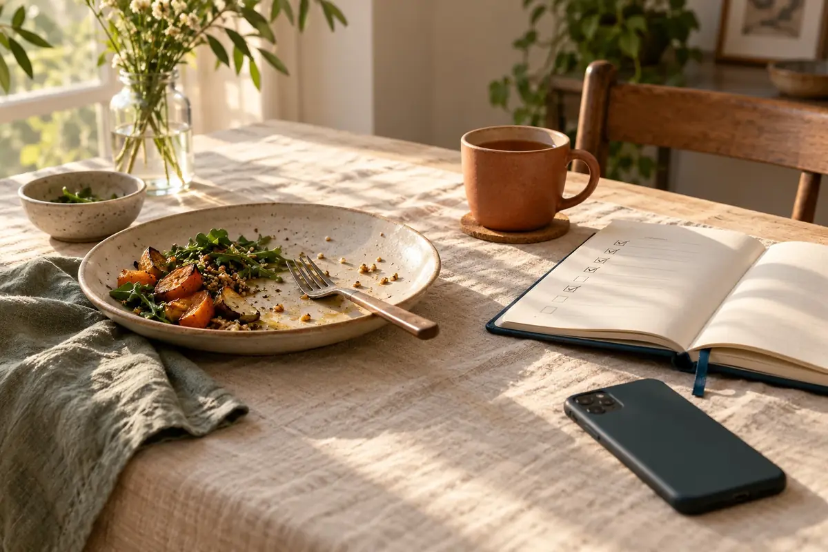 Mesa con un plato a medio terminar, una taza de té y una libreta con una lista de pendientes marcada