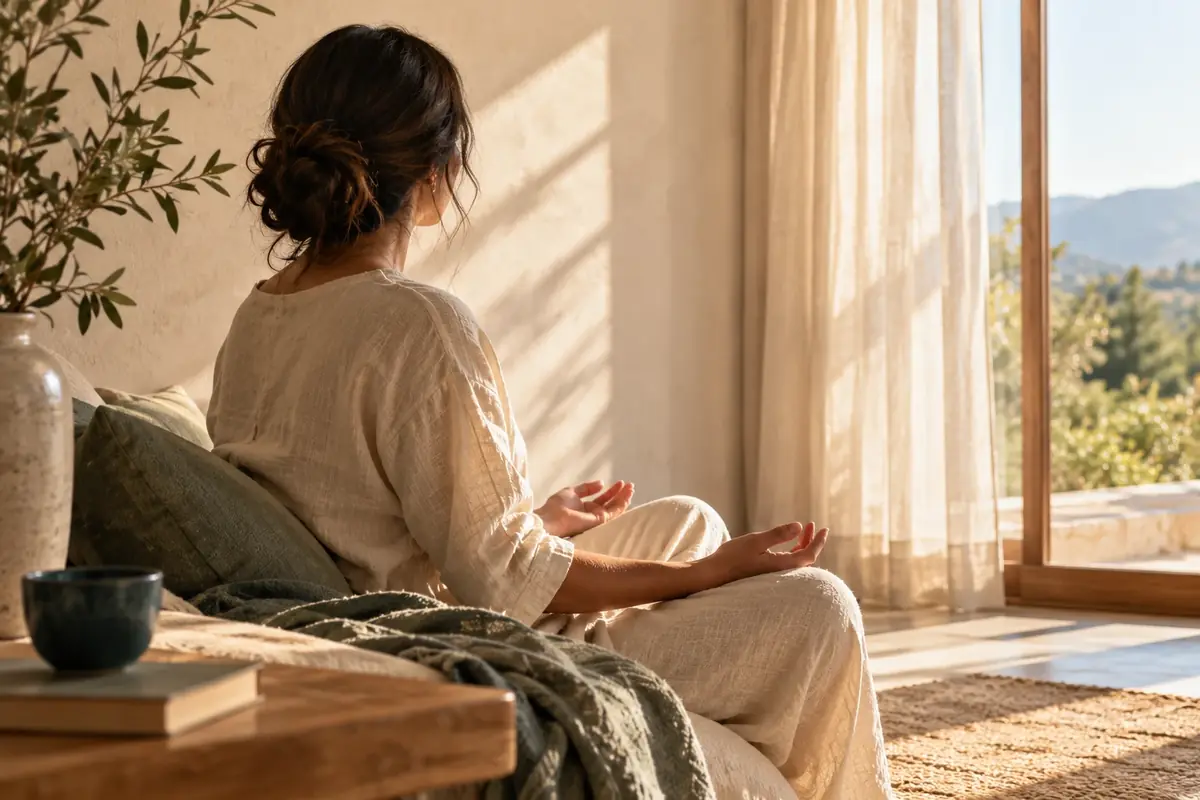 Una mujer de espaldas descansa junto a una ventana con luz de la tarde